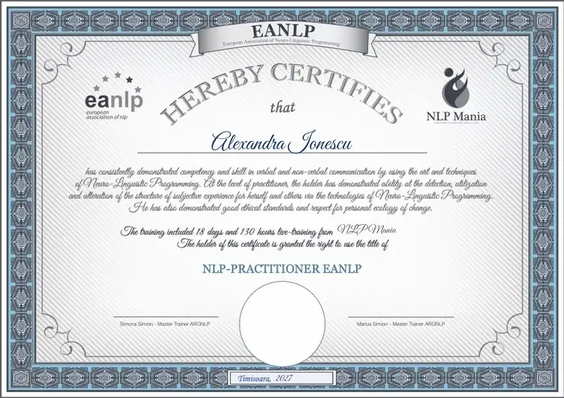 Modelul diplomei NLP-Practitioner EANLP, completat cu un nume fictiv, Alexandra Ionescu